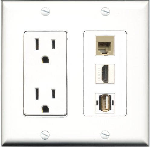 RiteAV - 15 Amp Power Outlet 1 Port HDMI 1 Port USB A-A 1 Port Phone Beige Decorative Wall Plate