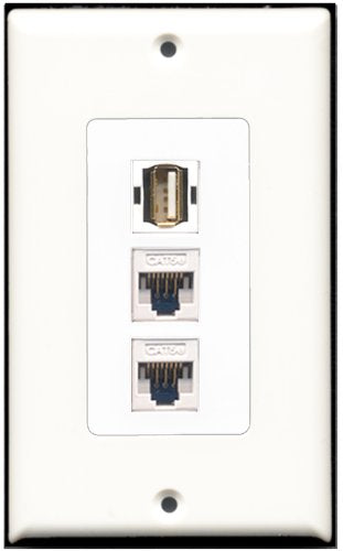 RiteAV - 1 Port USB A-A 2 Port Cat5e Ethernet White Wall Plate Decorative