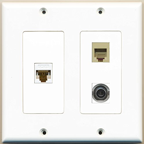 RiteAV - 1 Port Phone RJ11 RJ12 Beige 1 Port 3.5mm 1 Port Cat6 Ethernet White - 2 Gang Wall Plate