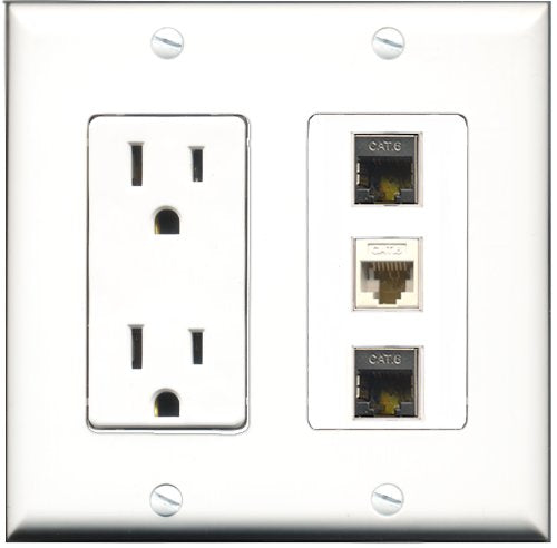 RiteAV - 15 Amp Power Outlet 2 Port Shielded Cat6 Ethernet Ethernet 1 Port Cat6 Ethernet Ethernet White Decorative Wall Plate