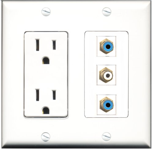 RiteAV - 15 Amp Power Outlet 1 Port RCA White 2 Port RCA Blue Decorative Wall Plate