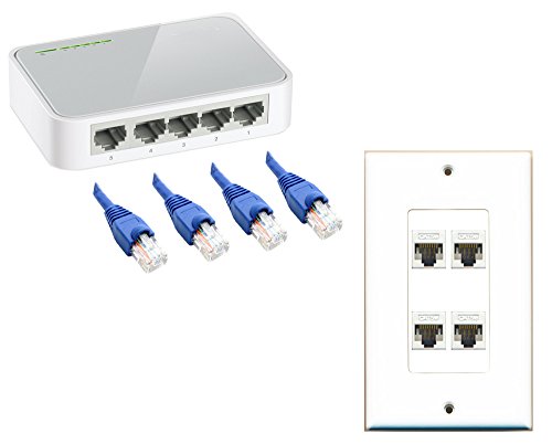 RiteAV 4 Ports Cat5e Ethernet Splitter Wall Plate + 4 pcs 50ft Cat5e Blue Cables