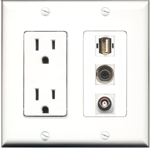 RiteAV - 15 Amp Power Outlet 1 Port USB A-A 1 Port 3.5mm 1 Port BNC Decorative Wall Plate