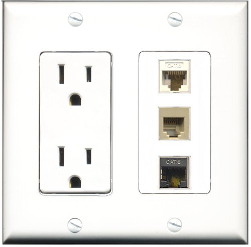 RiteAV - 15 Amp Power Outlet 1 Port Phone Beige 1 Port Shielded Cat6 Ethernet Ethernet 1 Port Cat6 Ethernet Ethernet White Decorative Wall Plate