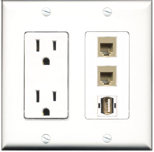 RiteAV - 15 Amp Power Outlet 1 Port USB A-A 2 Port Phone Beige Decorative Wall Plate
