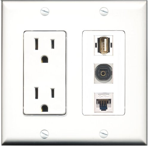 RiteAV - 15 Amp Power Outlet 1 Port USB A-A 1 Port Toslink 1 Port Cat5e Ethernet White Decorative Wall Plate
