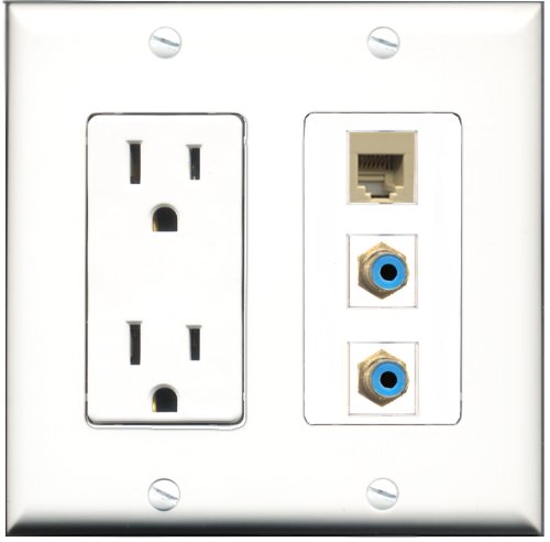 RiteAV - 15 Amp Power Outlet 2 Port RCA Blue 1 Port Phone Beige Decorative Wall Plate