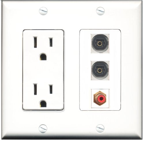RiteAV - 15 Amp Power Outlet 1 Port RCA Red 2 Port Toslink Decorative Wall Plate