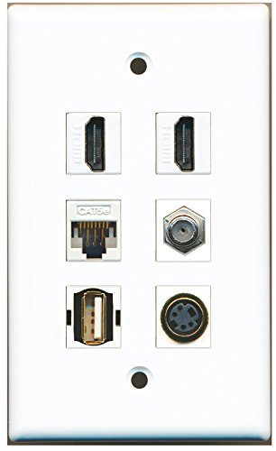 RiteAV - 2 HDMI 1 Port Coax Cable TV- F-Type 1 Port USB A-A 1 Port S-Video 1 Port Cat5e Ethernet White Wall Plate