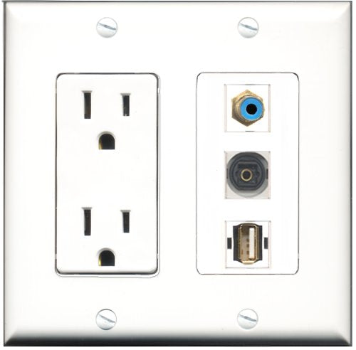 RiteAV - 15 Amp Power Outlet 1 Port RCA Blue 1 Port USB A-A 1 Port Toslink Decorative Wall Plate