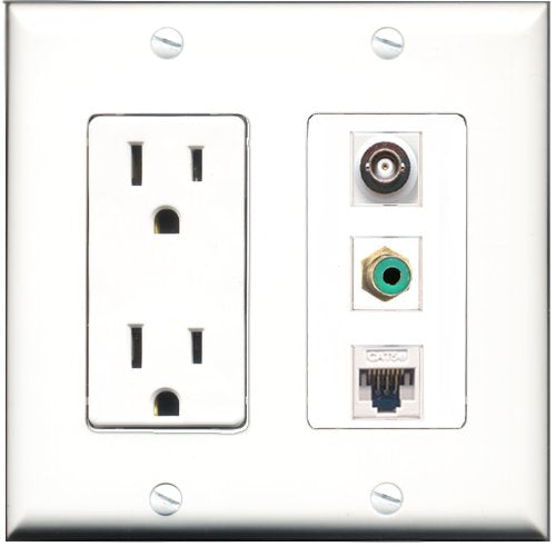 RiteAV - 15 Amp Power Outlet 1 Port RCA Green 1 Port BNC 1 Port Cat5e Ethernet White Decorative Wall Plate
