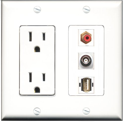 RiteAV - 15 Amp Power Outlet 1 Port RCA Red 1 Port USB A-A 1 Port BNC Decorative Wall Plate