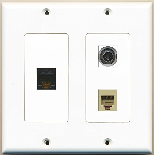 RiteAV - 1 Port Phone RJ11 RJ12 Beige 1 Port 3.5mm 1 Port Cat6 Ethernet Black - 2 Gang Wall Plate
