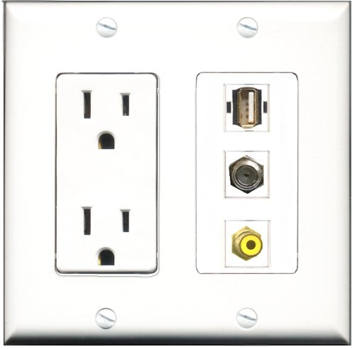 RiteAV - 15 Amp Power Outlet 1 Port RCA Yellow 1 Port Coax 1 Port USB A-A Decorative Wall Plate