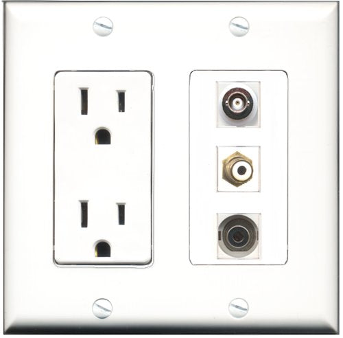 RiteAV - 15 Amp Power Outlet 1 Port RCA White 1 Port 3.5mm 1 Port BNC Decorative Wall Plate