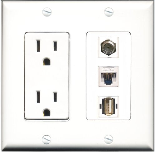 RiteAV - 15 Amp Power Outlet 1 Port Coax 1 Port USB A-A 1 Port Cat5e Ethernet White Decorative Wall Plate
