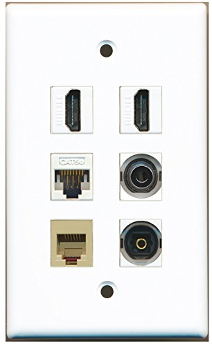 RiteAV - 2 HDMI 1 Port Phone RJ11 RJ12 Beige 1 Port Toslink 1 Port 3.5mm 1 Port Cat5e Ethernet White Wall Plate