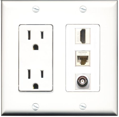 RiteAV - 15 Amp Power Outlet 1 Port HDMI 1 Port BNC 1 Port Cat6 Ethernet Ethernet White Decorative Wall Plate