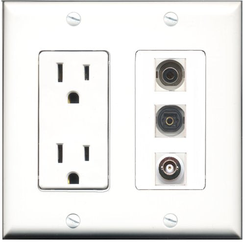 RiteAV - 15 Amp Power Outlet 1 Port Toslink 1 Port 3.5mm 1 Port BNC Decorative Wall Plate