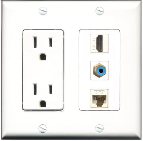 RiteAV - 15 Amp Power Outlet 1 Port HDMI 1 Port RCA Blue 1 Port Cat6 Ethernet Ethernet White Decorative Wall Plate