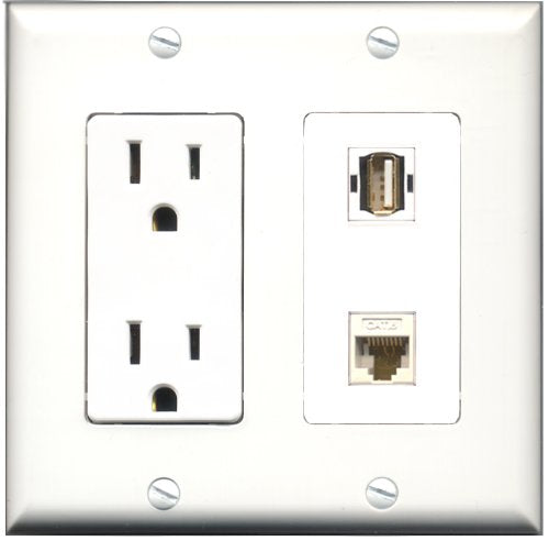 RiteAV - 15 Amp Power Outlet and 1 Port USB A-A and 1 Port Cat6 Ethernet White Decorative Type Wall Plate White
