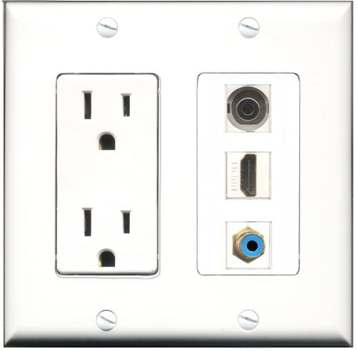 RiteAV - 15 Amp Power Outlet 1 Port HDMI 1 Port RCA Blue 1 Port 3.5mm Decorative Wall Plate