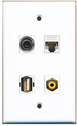 RiteAV - 1 Port RCA Yellow 1 Port USB A-A 1 Port 3.5mm 1 Port Cat5e Ethernet White Wall Plate