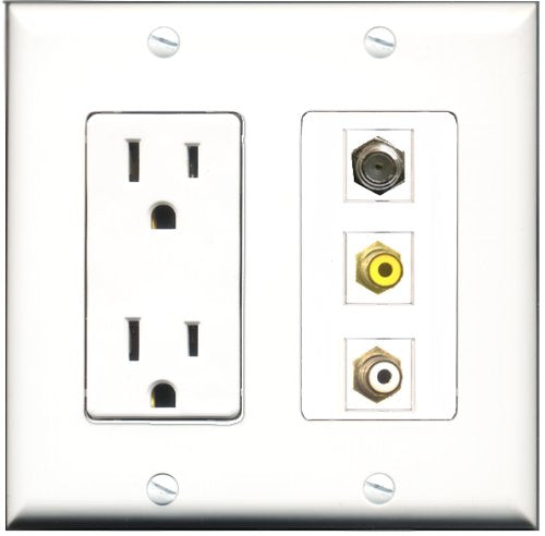 RiteAV - 15 Amp Power Outlet 1 Port RCA White 1 Port RCA Yellow 1 Port Coax Decorative Wall Plate