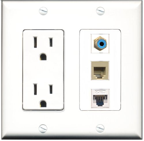 RiteAV - 15 Amp Power Outlet 1 Port RCA Blue 1 Port Phone Beige 1 Port Cat5e Ethernet White Decorative Wall Plate