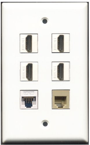RiteAV - 4 Port HDMI 1 Phone RJ11 RJ12 Beige 1 Cat5e Ethernet White Wall Plate