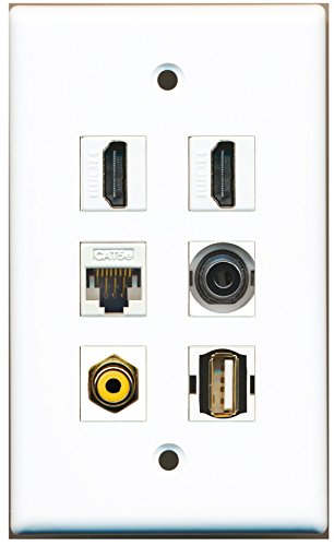 RiteAV - 2 HDMI 1 Port RCA Yellow 1 Port USB A-A 1 Port 3.5mm 1 Port Cat5e Ethernet White Wall Plate