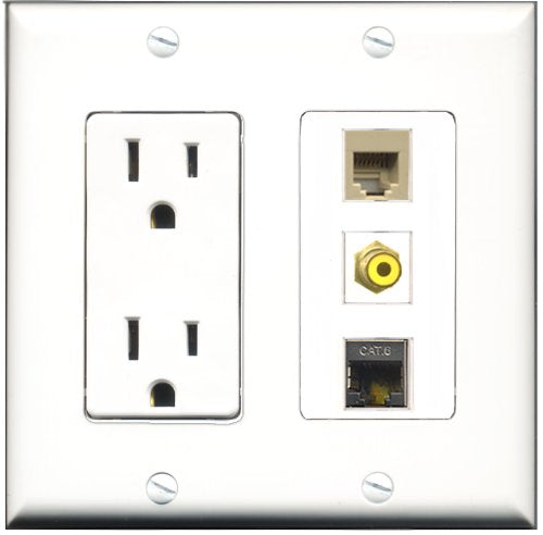 RiteAV - 15 Amp Power Outlet 1 Port RCA Yellow 1 Port Phone Beige 1 Port Shielded Cat6 Ethernet Ethernet Decorative Wall Plate