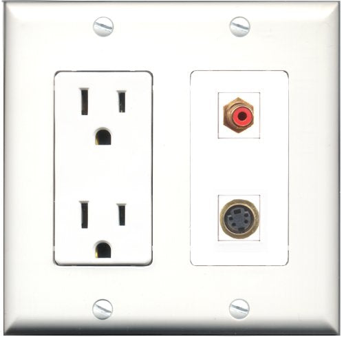 RiteAV - 15 Amp Power Outlet and 1 Port RCA Red and 1 Port S-Video Decorative Type Wall Plate White