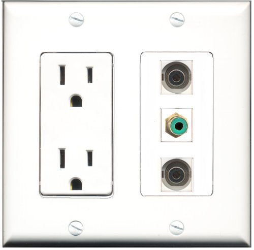 RiteAV - 15 Amp Power Outlet 1 Port RCA Green 2 Port 3.5mm Decorative Wall Plate