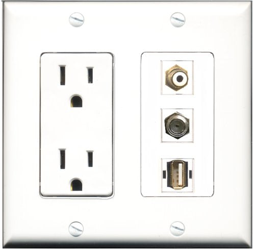 RiteAV - 15 Amp Power Outlet 1 Port RCA White 1 Port Coax 1 Port USB A-A Decorative Wall Plate