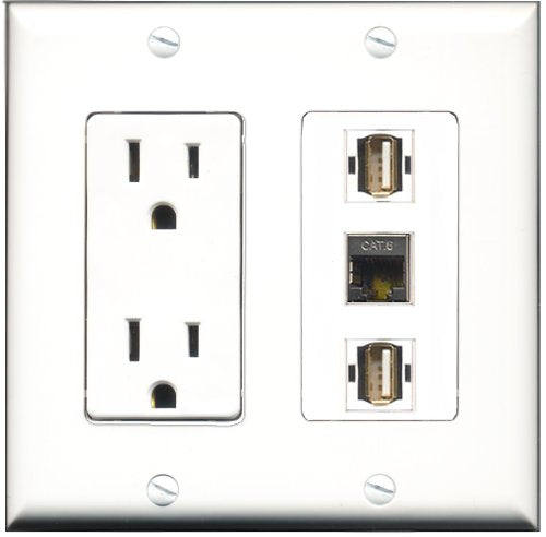 RiteAV - 15 Amp Power Outlet 2 Port USB A-A 1 Port Shielded Cat6 Ethernet Ethernet Decorative Wall Plate