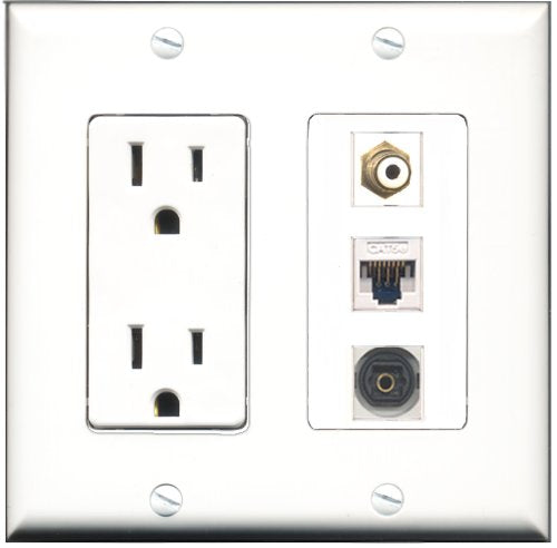 RiteAV - 15 Amp Power Outlet 1 Port RCA White 1 Port Toslink 1 Port Cat5e Ethernet White Decorative Wall Plate