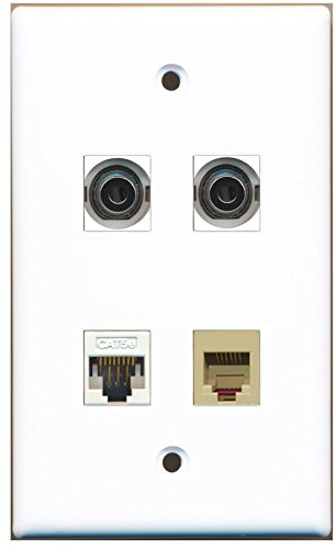 RiteAV - 1 Port Phone RJ11 RJ12 Beige 2 Port 3.5mm 1 Port Cat5e Ethernet White Wall Plate