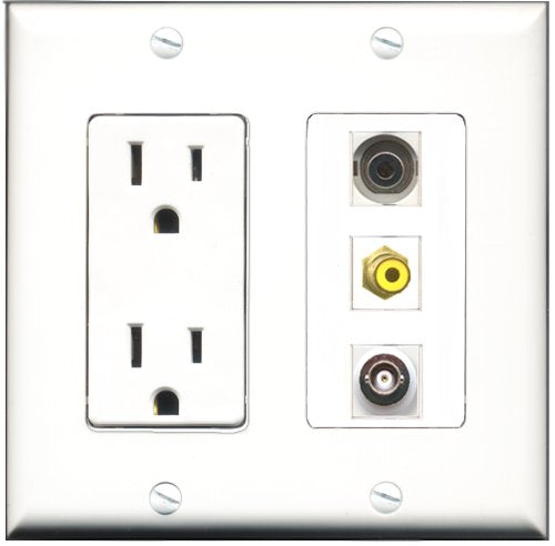RiteAV - 15 Amp Power Outlet 1 Port RCA Yellow 1 Port 3.5mm 1 Port BNC Decorative Wall Plate