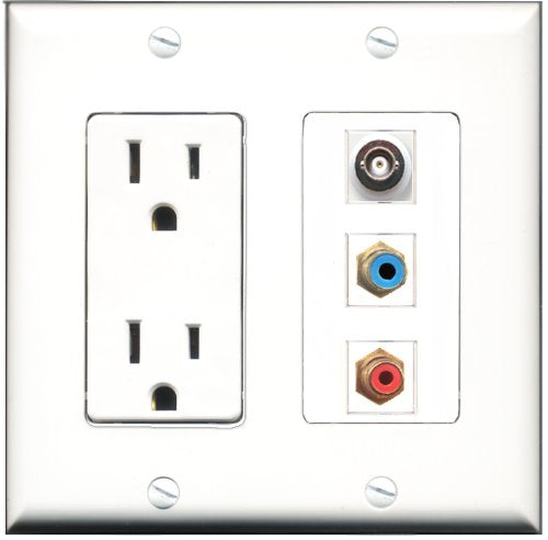 RiteAV - 15 Amp Power Outlet 1 Port RCA Red 1 Port RCA Blue 1 Port BNC Decorative Wall Plate