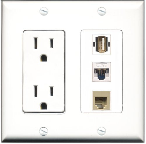 RiteAV - 15 Amp Power Outlet 1 Port USB A-A 1 Port Phone Beige 1 Port Cat5e Ethernet White Decorative Wall Plate