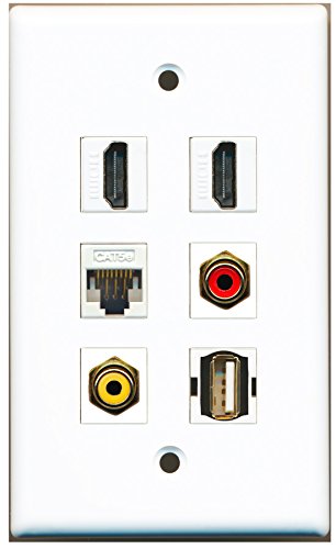 RiteAV - 2 HDMI 1 Port RCA Red 1 Port RCA Yellow 1 Port USB A-A 1 Port Cat5e Ethernet White Wall Plate