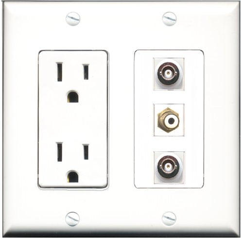 RiteAV - 15 Amp Power Outlet 1 Port RCA White 2 Port BNC Decorative Wall Plate