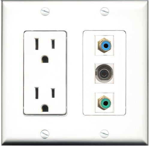 RiteAV - 15 Amp Power Outlet 1 Port RCA Green 1 Port RCA Blue 1 Port 3.5mm Decorative Wall Plate
