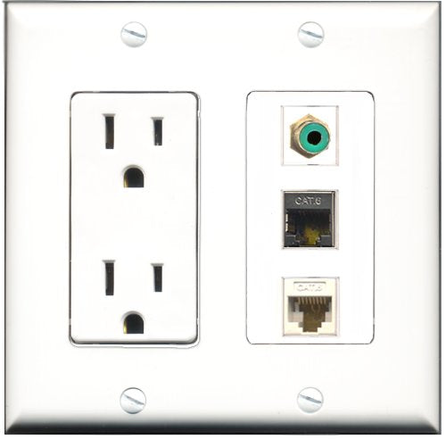 RiteAV - 15 Amp Power Outlet 1 Port RCA Green 1 Port Shielded Cat6 Ethernet Ethernet 1 Port Cat6 Ethernet Ethernet White Decorative Wall Plate
