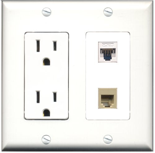RiteAV - 15 Amp Power Outlet and 1 Port Phone RJ11 RJ12 Beige and 1 Port Cat5e Ethernet White Decorative Type Wall Plate White