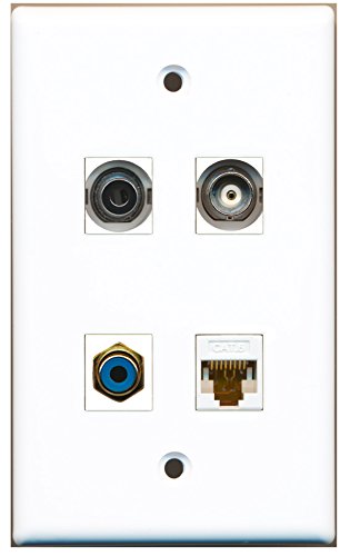 RiteAV - 1 Port RCA Blue 1 Port 3.5mm 1 Port BNC 1 Port Cat6 Ethernet White Wall Plate