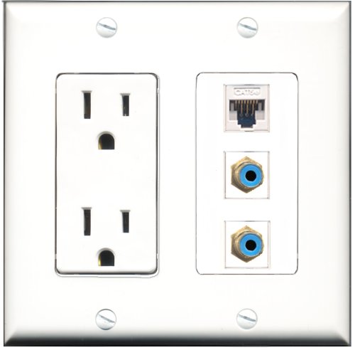 RiteAV - 15 Amp Power Outlet 2 Port RCA Blue 1 Port Cat5e Ethernet White Decorative Wall Plate