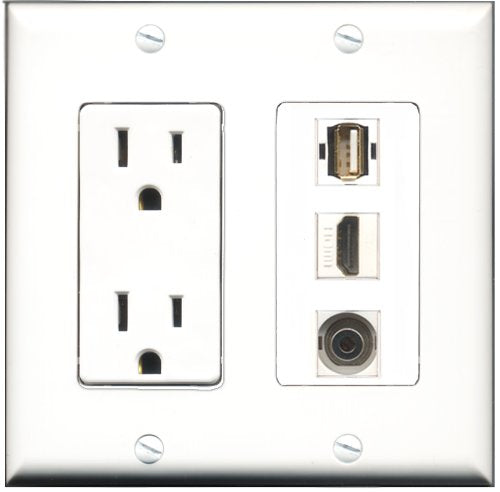 RiteAV - 15 Amp Power Outlet 1 Port HDMI 1 Port USB A-A 1 Port 3.5mm Decorative Wall Plate