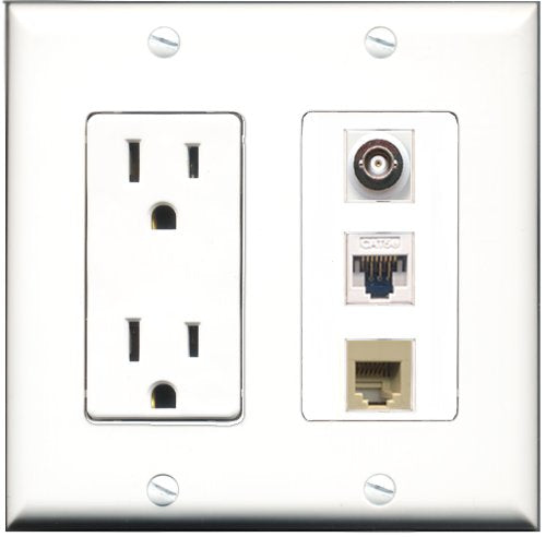 RiteAV - 15 Amp Power Outlet 1 Port Phone Beige 1 Port BNC 1 Port Cat5e Ethernet White Decorative Wall Plate